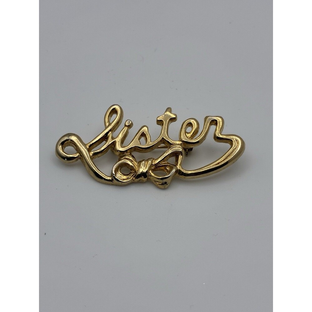Fort Signed Cursive Sister Bow Brooch Gold Tone 2” VTG